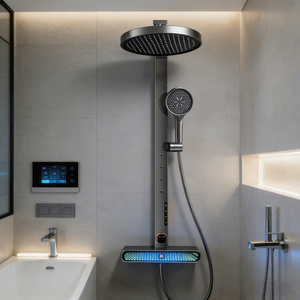 Système <span class=keywords><strong>de</strong></span> <span class=keywords><strong>douche</strong></span> thermostatique intelligent <span class=keywords><strong>de</strong></span> luxe moderne 2026, ensemble <span class=keywords><strong>de</strong></span> <span class=keywords><strong>douche</strong></span> en laiton avec jets <span class=keywords><strong>de</strong></span> massage lombaire, pluie LED, changement <span class=keywords><strong>de</strong></span> couleur, fixation murale souple - Product Image 2