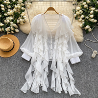 Chemise d'été pour femmes à col en V, manches longues, à volants, ample, fluide, boutonnée, pour le bureau