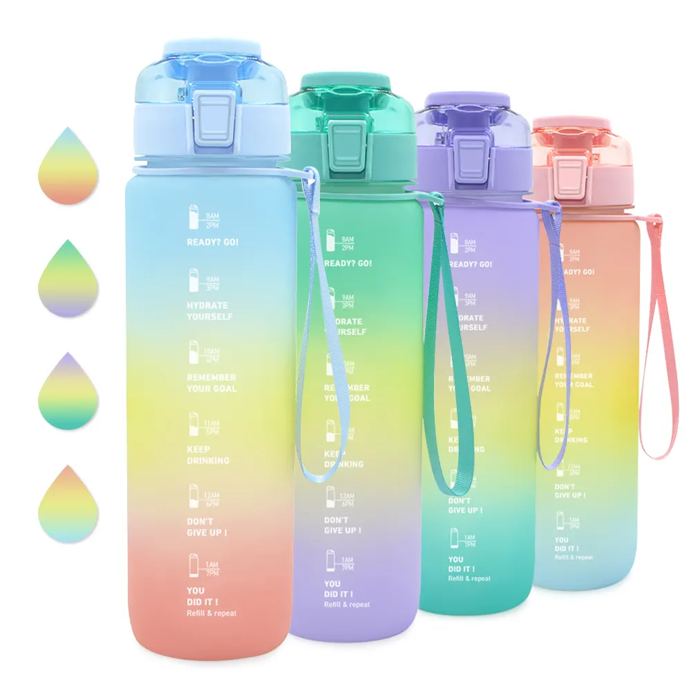 BPA Free botol air olahraga Fitness, tempat air 32oz warna gradien botol air besar dengan tanda waktu 1000ml