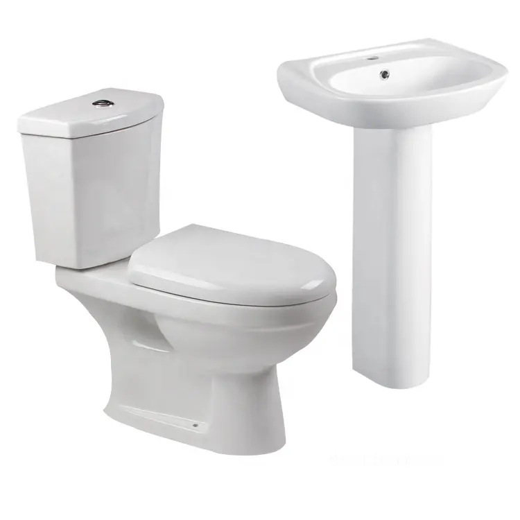 Juego de baño, cómodo lavabo de cerámica, inodoro de dos piezas y lavabo de pedestal para Baño