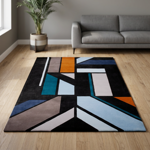 Tapis géométrique moderne, abstrait architectural, blocs de couleur linéaires, tapis fait main de designer, décoration contemporaine pour la maison, design audacieux - Product Image 1