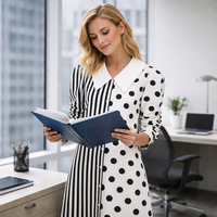 Robe chemise midi surdimensionnée personnalisée pour femme en mélange lin et coton, imprimé rayures noires et blanches et pois, col plissé