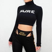 Amazon Hot Sale High Neck Tops für Frauen Langarm Buchstaben Tops Fabrik preis Casual Women Crop Tops