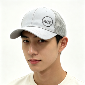 Custom Embossed ACE Circle Logo 6-Panel Trucker <b>Hat</b> <b>Light</b> Grey Polyester Front Mesh Back Adjustable Snapback Unisex Outdoor - Product Image 1