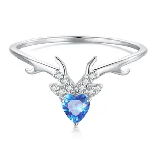 925 स्टर्लिंग चांदी महिलाओं हिरण Antler अंगूठी ठीक गहने घन Zirconia दिल हीरे वी के आकार का विशबोन अंगूठी