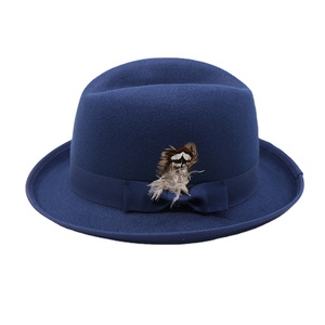 Benutzer definierte Großhandel No Dimples Herren <span class=keywords><strong>Humber</strong></span> Hut Qualität Polyester Wolle Filz Hut für Männer mit Feder band - Product Image 4