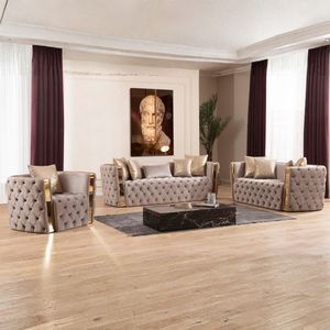 Luxury Square Taupe Velvet Living Room Furniture Set Button Tufted <b>Sofa</b> Loveseat Chair for Modern Villa - Product Image 1
