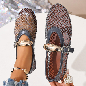 Chaussures plates d'été pour femmes, style ballerines, avec design en maille de pêche, fermeture à enfiler, boucle tendance, semelle intérieure en caoutchouc souple effet poupée - Product Image 6