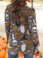 Cardigan en tricot à manches longues pour femme grande taille, style vintage, imprimé citrouille créatif Halloween, ouvert sur le devant