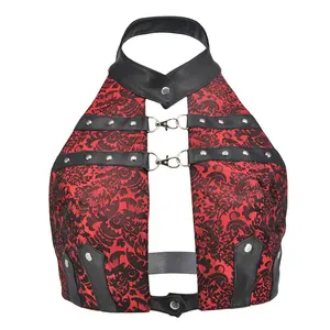 Steampunk Brokat Merah & Hitam Kulit Imitasi Punggung Terbuka Seksi Halter Top Wanita Pakaian Vintage Ukuran Besar Gotik Punk Rock XL