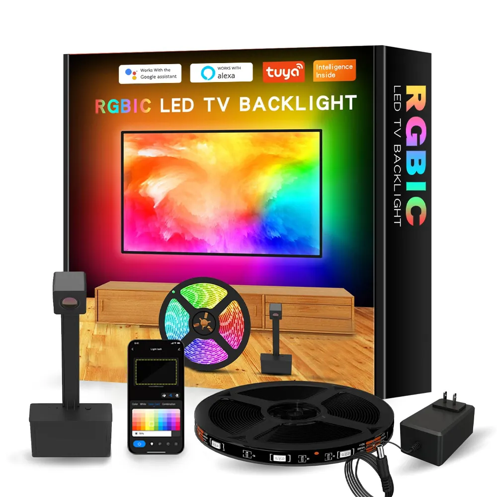 Đèn Hậu TV LED Với Cảm Biến Camera Dải Đèn Xung Quanh Ứng Dụng Thông Minh RGBIC Cho TV 55-65 Inch Máy Tính PC Hoạt Động Với Alexa Google Home