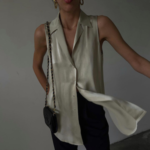 Camicie lunghe senza maniche in poliestere larghe abbigliamento da donna con bottone top Casual da donna camicette 2023 eleganti in raso - Product Image 1