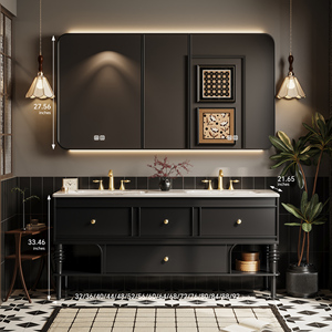 Meuble-lavabo double vasque <span class=keywords><strong>en</strong></span> bois 60-92 pouces, style rétro français, autoportant, avec grands tiroirs et <span class=keywords><strong>miroir</strong></span> intelligent anti-buée pour villa - Product Image 6