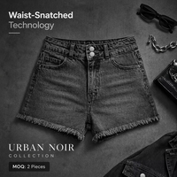 Shorts en jean vintage gris et noir taille haute pour femme, double boutonnage, ourlet effiloché, décontracté, été