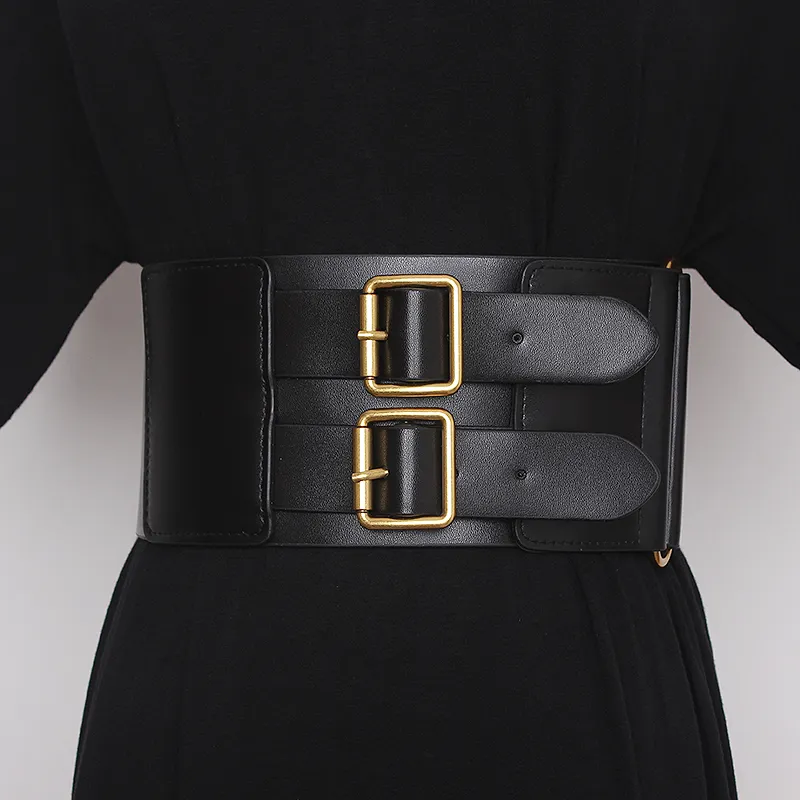 Chegada Mais recente Soft PU Leather Widened Belt Mulheres Decorator Vestido Cintos Casaco Retro Ouro Double Needle Buckle Couro Cintura Seal