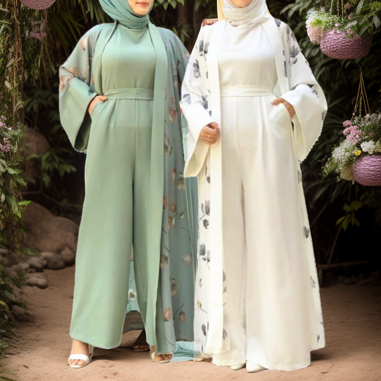 Grosir mode Ethnique Abaya sederhana desain mantel Trench Dubai gaun kardigan untuk wanita Muslim bunga Abaya terbuka dengan Jumpsuit