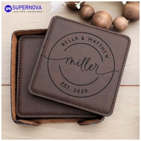 Ensemble de 6 sous-verres en cuir PU traités au laser avec support, logo personnalisé imprimé, sous-verres en cuir vierges gravables au laser pour mariages