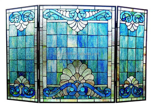 Écran de cheminée en vitrail, 3 panneaux, design baroque, décoration traditionnelle, couleur bleue, forme rectangulaire, décoration - Product Image 5