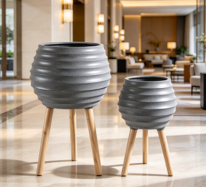 Horizontal Ribbed Tripod Plant Pot Set of 3, <b>Tall</b> Standing Flower <b>Planter</b> with <b>Wooden</b> Legs, Cement Texture Indoor Outdoor - Product Image 1