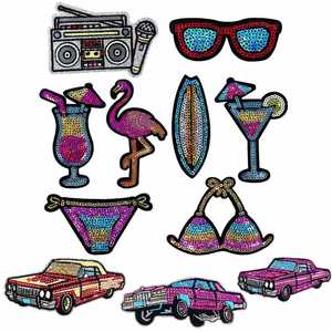 Parche Termoadhesivo Multicolor con Lentejuelas Bordadas, Diseño Hawaiano, Bikini, Gafas de Sol, Surf, Camión, Coche, Cóctel, para Decoración de Ropa y Bolsos - Product Image 1