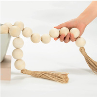 Guirlande de perles en bois rustique bohème avec pompons en jute, décoration murale en bois naturel pour la maison, décoration de plateau, cadeau