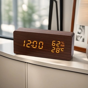 Wooden Digital Alarm Clock LED Display Temperature Humidity Voice Control Silent <b>Desk</b> Table Clock for Bedroom Office - Product Image 2