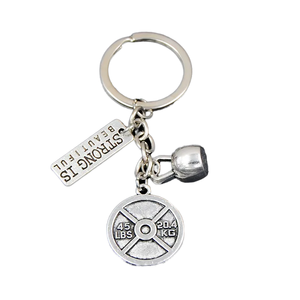 1 pièce Porte-clés de sport tendance en alliage de zinc, avec breloque haltère et haltère lestée, thème fitness, gym, <span class=keywords><strong>Crossfit</strong></span>, force, avec inscription, <span class=keywords><strong>cadeau</strong></span> pour hommes - Product Image 1