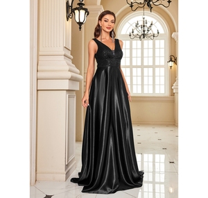 Robes de soirée grande taille luxueuses pour femmes sans manches col en V Satin dentelle robes de mariée a-ligne pour <span class=keywords><strong>robe</strong></span> de <span class=keywords><strong>demoiselle</strong></span> <span class=keywords><strong>d</strong></span>'<span class=keywords><strong>honneur</strong></span> - Product Image 1