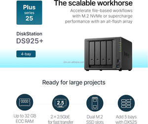 Per DiskStation DS925+ NAS a 4 Bay (Senza Dischi) Ryzen V1500B 2.2GHz 4GB DDR4 ECC RAM 2x RJ45 (2.5GbE) 2 <span class=keywords><strong>M</strong></span>.2 NVMe 1 Type-C 2 - Product Image 4