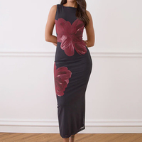 Robe longue moulante noire transparente à motif floral rouge imprimé numériquement, personnalisable OEM & ODM Wisrise Fashion