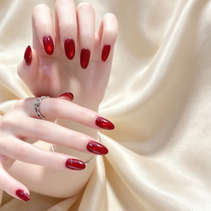 Uñas Postizas de Gel ABS Brillantes Rojas Anchas con Efecto Ojo de Gato, Forma Almendrada Mediana, 30 Piezas (XS-S-M) para Dedos, Venta al por Mayor para Salones OEM - Product Image 2