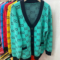 Modèle du jour Pull cardigan en tricot décontracté pour femmes Veste à col en V en tricot personnalisée avec motif de couleur contrastée Slim Winter Free