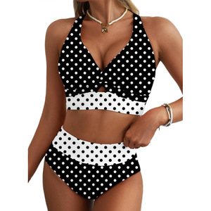 Ensemble bikini femme noir et rose color block, haut dos nu torsadé taille haute, maillot de bain push-up deux pièces - Product Image 2