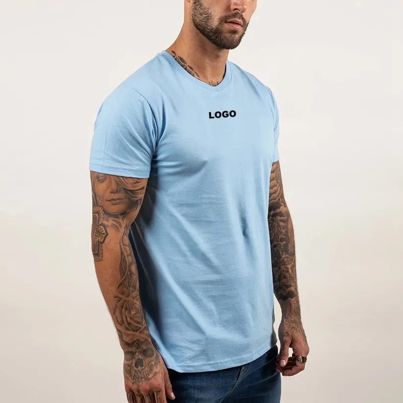 Custom 95% cotton 5% elastane t shirt anti shrink anti wrinkle soft tshirts 160g 180g 200g light blue t shirts