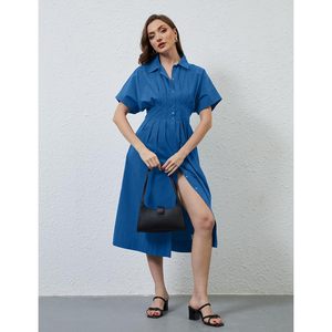 Vestido Largo Casual para Mujer, con Botones al Frente, Plisado, Manga Corta, Cuello, Color Azul Oscuro, Transpirable, para Uso Diario - Product Image 2