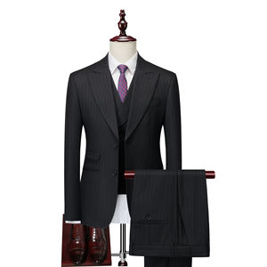 Costume da sposa sposa sposo Slim Fit su misura 3 pezzi set Blazer pantaloni larghi a righe blu abiti da uomo d'affari - Product Image 1