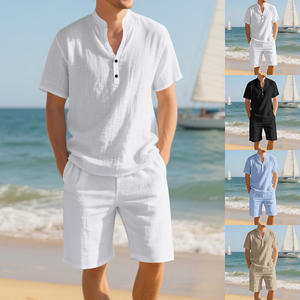 Ensemble deux pièces homme TUME été 2025 transfrontalier : chemise Henley ample en lin vintage à manches courtes et short - Product Image 1