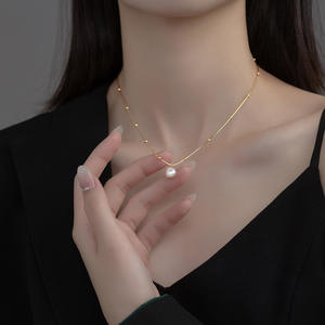 Joyería de moda 925 plata esterlina natural real sola perla cuentas redondas bolas doradas collares chapados en oro para mujeres - Product Image 2