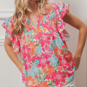 Maßgefertigte Großhandels-Damenbluse mit Lebhaftem Blumenmuster, Kurzen Flatterärmeln, V-Ausschnitt, Sommerlicher Boho-<span class=keywords><strong>Peplum</strong></span>-Stil - Product Image 1