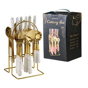 Stainless Steel Western Tableware Light Luxury Marble Ceramic Handle Main Dinner <b>Knife</b> <b>Fork</b> <b>Spoon</b> Tea <b>Spoon</b> 24-piece Gift <b>Set</b> - Product Image 2
