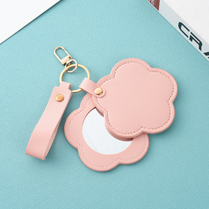 Multi-Use Flower Rotating Mirror Keychain - 78*80mm PU Leather Mirror for Travel & Beauty Touch-Ups,promotional Gift Mirror