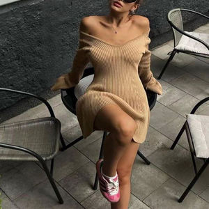 Abito <span class=keywords><strong>da</strong></span> <span class=keywords><strong>donna</strong></span> elegante a coste in maglia a-line Mini maglione con scollo a V stile Casual all'ingrosso per abbigliamento <span class=keywords><strong>da</strong></span> <span class=keywords><strong>sera</strong></span> di lusso autunnale - Product Image 3