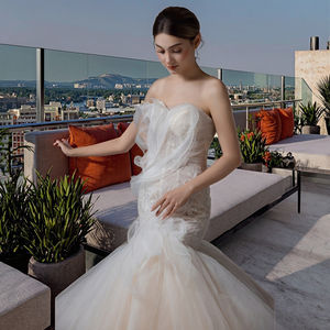 Elegant Strapless Mermaid <strong>Wedding</strong> <strong>Dress</strong> Modern Sweetheart Intricate Embroidered Sequined Bodice Voluminous <strong>Ombre</strong> Flowers Ruffles - Product Image 3