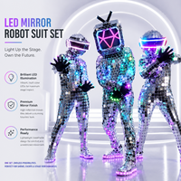 Costume de robot miroir avec casque LED, visière néon argentée, combinaison intégrale, pour scène, DJ, homme, danse, gants, tenue de fête futuriste