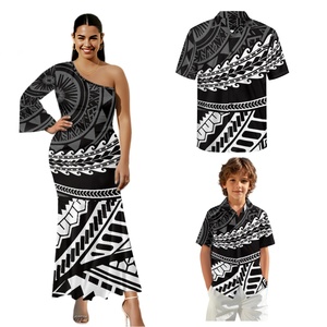 Personnalisé noir et blanc famille Couple ensemble polynésien Tribal <span class=keywords><strong>tatouage</strong></span> conception une épaule sirène robe de soirée - Product Image 1