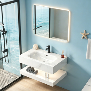 Meuble de salle de bain moderne flottant à double niveau en marbre avec plan de travail en pierre frittée, vasque en céramique et <span class=keywords><strong>miroir</strong></span> LED <span class=keywords><strong>pour</strong></span> villa - Product Image 2