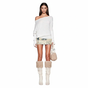 2026 Trendy Y2K Women Solid Casual Two Piece Set off Shoulder Batwing Sweater Top Knitting Embroidered <strong>Low</strong> <strong>Rise</strong> Denim Mini <strong>Skirt</strong> - Product Image 2