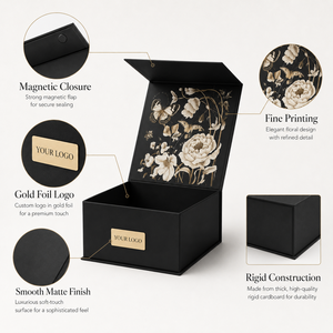Black Rigid Gift <b>Box</b> With Gold Foil Floral Design Hot Stamping Logo Customizable Rectangle Art Paper Packaging Factory Direct - Product Image 2