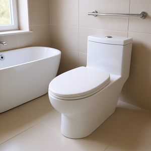 โถสุขภัณฑ์เซรามิกแบบชิ้นเดียว ระบบกดน้ำสองปุ่ม ทรงยาว ติดตั้งบนพื้น ระบบไซฟอน ใช้น้ำ 1.28-1.6 แกลลอนต่อน้ำหนัก 1 ปอนด์ ดีไซน์ร่วมสมัย - Product Image 2