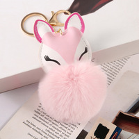 Porte-clés en fourrure de dessin animé mignon, porte-clés créatif en peluche tête de renard, porte-clés pompon